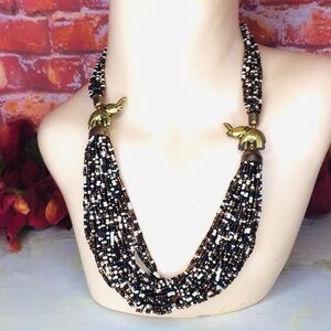 Vintage 90s Copper and White 26" Sea Beaded Tribal Brass Elephant Necklace